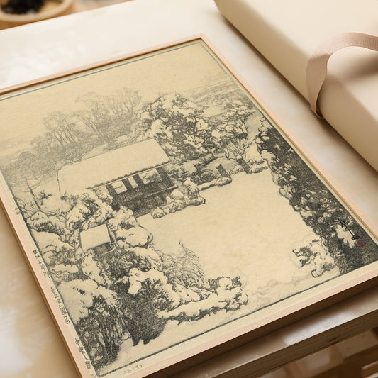 Hiroshi Yoshida – Snow in Nakazato | Vintage Japanese Neutral Woodblock Art (available framed or unframed)