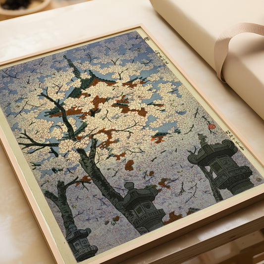 Shiro Kasamatsu - Cherry Blossoms (Sakura) at the Toshogu Shrine | Vintage Japanese Woodblock Art in Green (available framed or unframed)