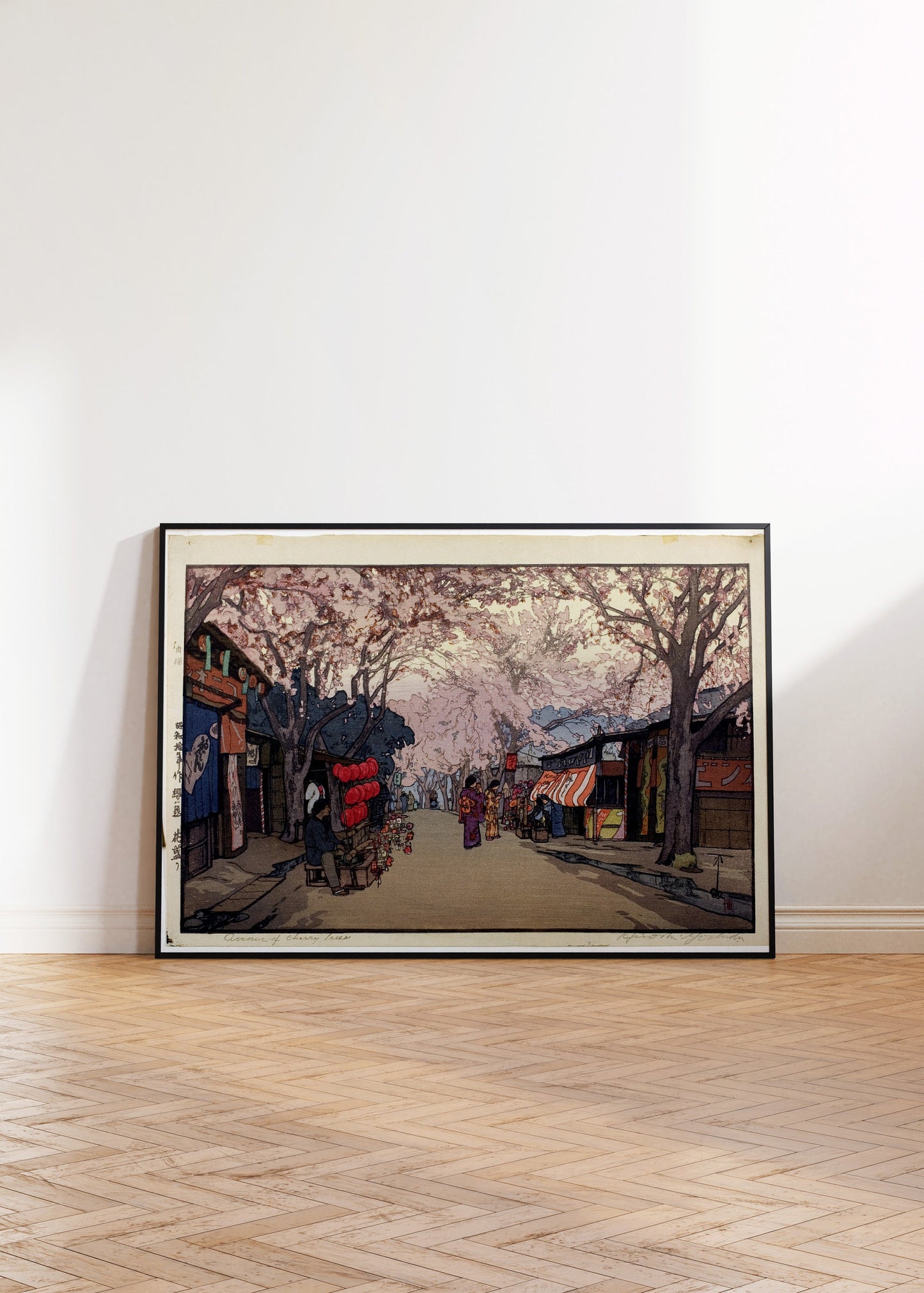 Hiroshi Yoshida – Hanzakari Avenue of Cherry Trees in Full Bloom | Vintage Japanese Woodblock Art (available framed or unframed)