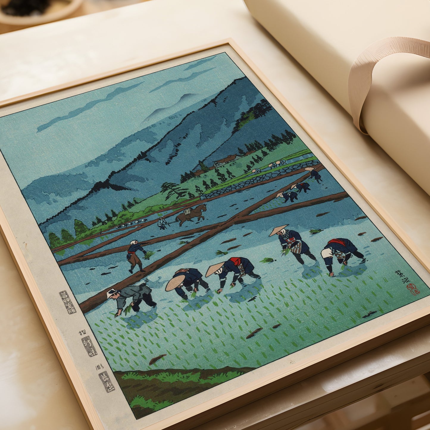 Shiro Kasamatsu - Rice Planting | Vintage Japanese Woodblock Art in Blue (available framed or unframed)