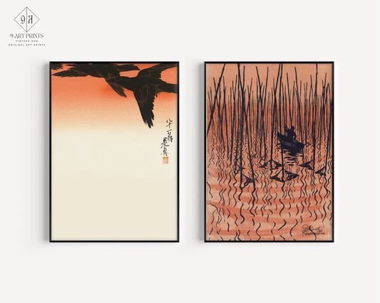 Set of 2 Ohara Koson Prints (Iris Flowers and Great Tit on Paulownia Branch) | Vintage Japanese Shin Hanga Art available framed or unframed