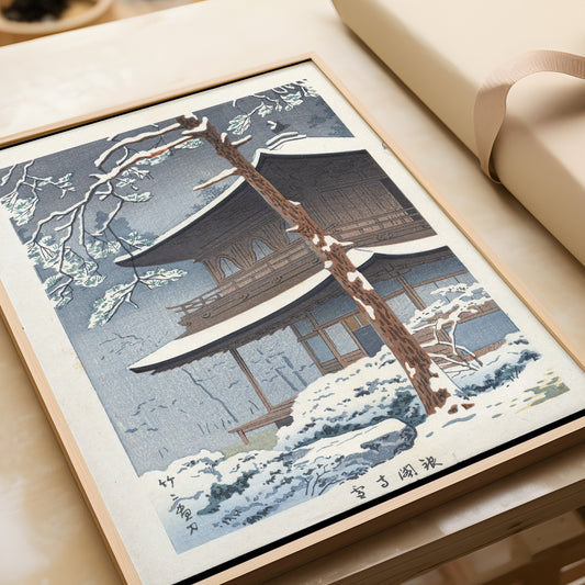 Asano Takeji - Ginkakuji Shrine in the Snow | Vintage Japanese Woodblock Art in Green (available framed or unframed)