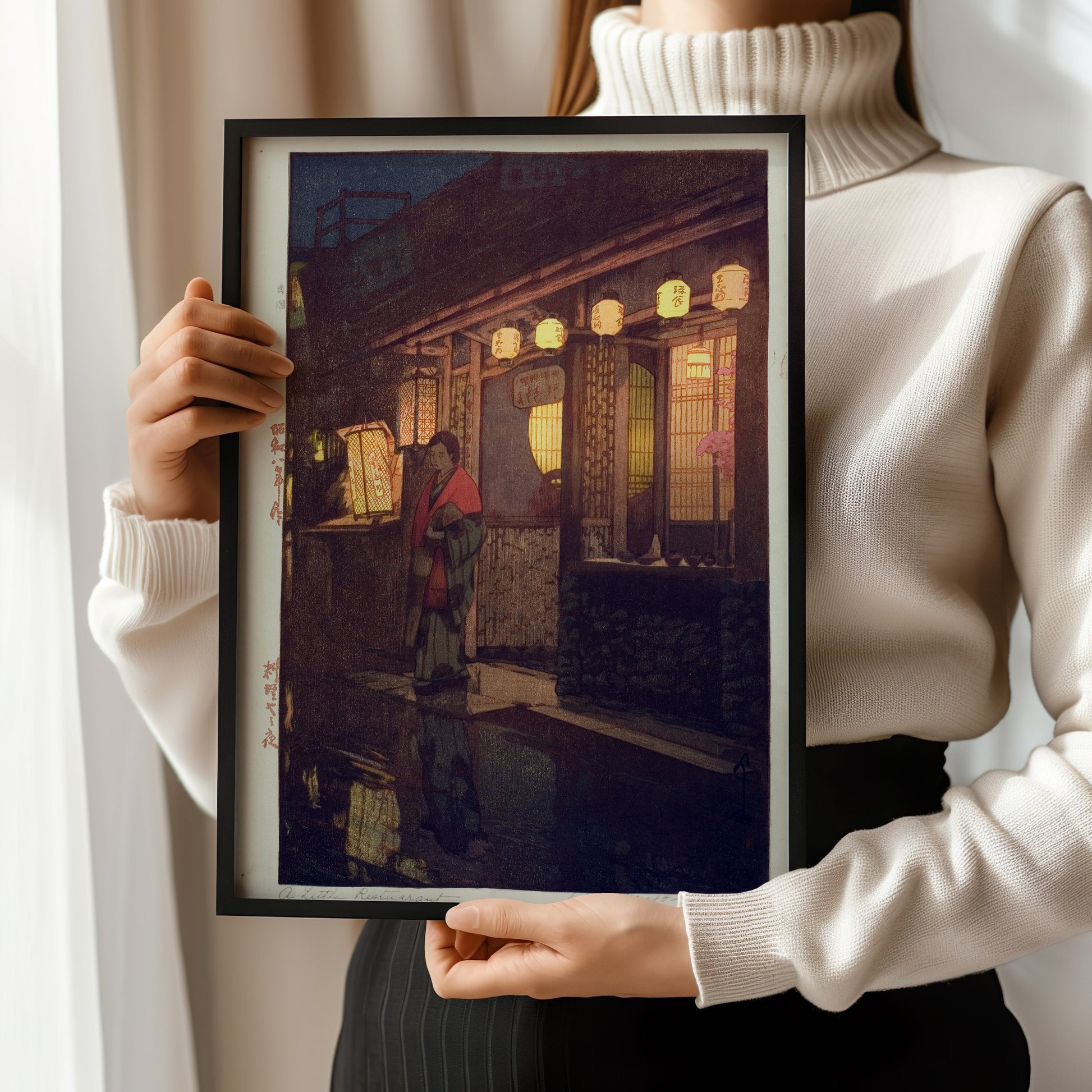 Hiroshi Yoshida – A Little Restaurant at Night | Vintage Japanese Woodblock Art (available framed or unframed)