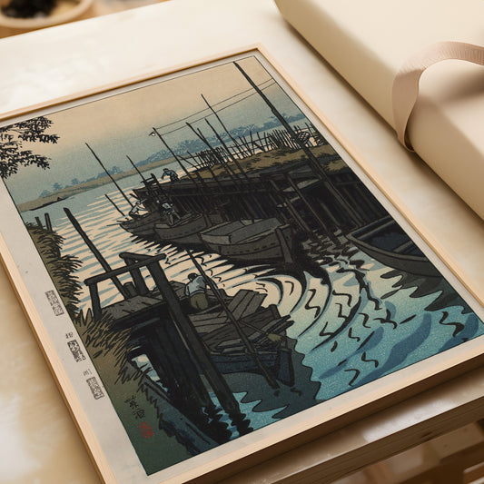 Shiro Kasamatsu - Ferry in Edogawa, Imai | Vintage Japanese Woodblock Art in Blue (available framed or unframed)