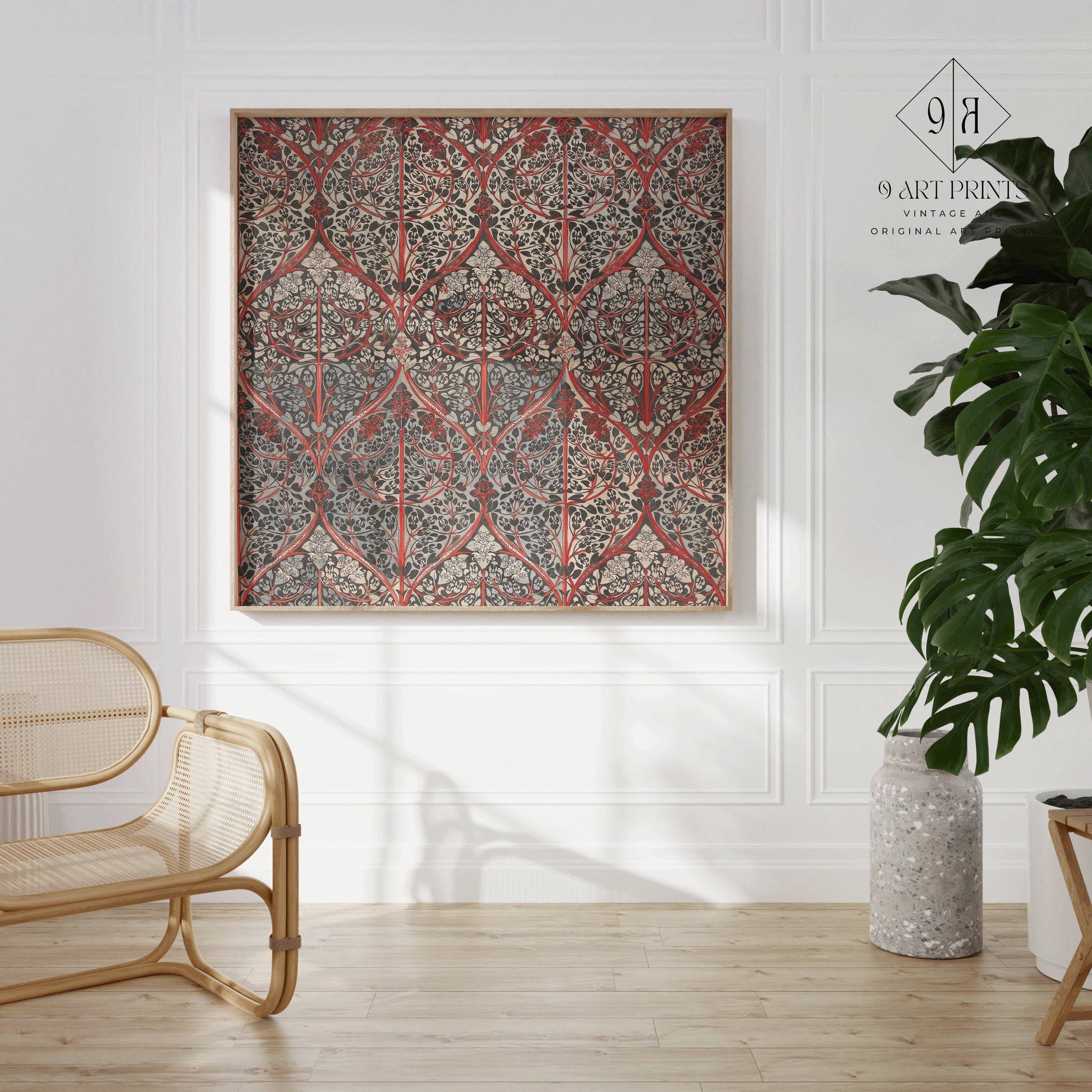 Willem Gerrit Dejsselhoff - Wallpaper with Broadbean Pattern | Vintage Botanical Pattern Red, Grey and Black (available framed or unframed)