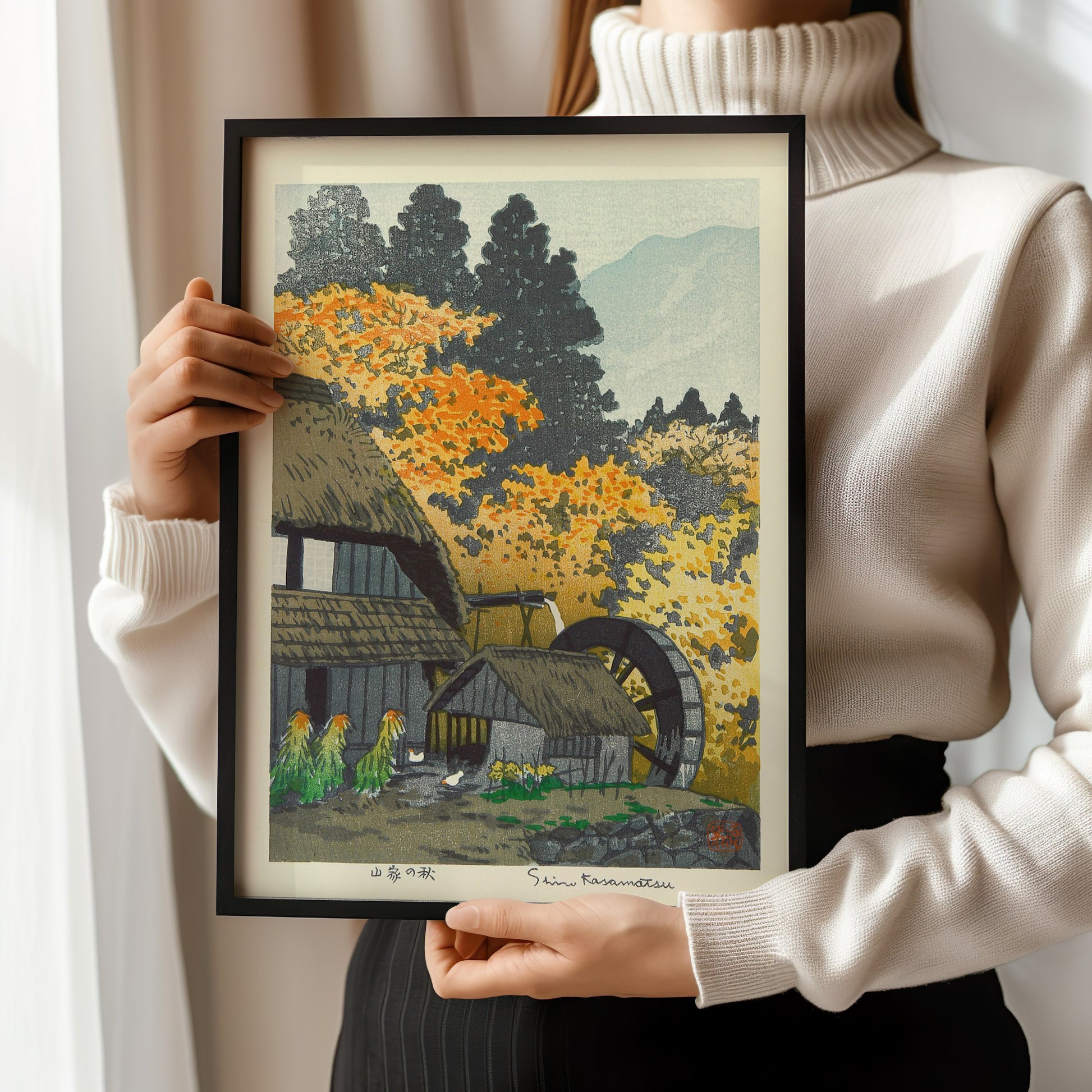 Shiro Kasamatsu - Mountain Cottage in Autumn | Vintage Japanese Woodblock Art in Blue (available framed or unframed)