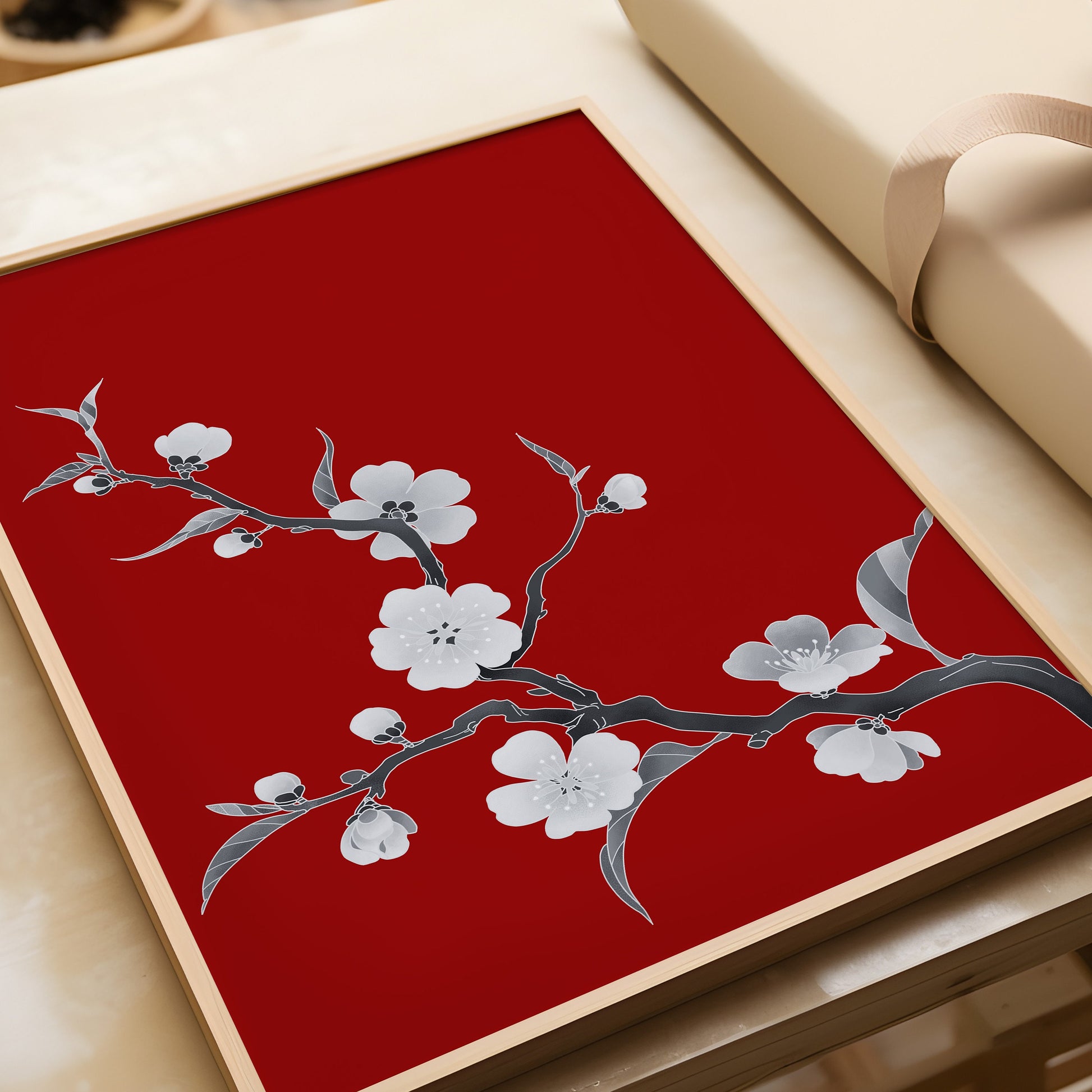 Cherry Blossoms with Red Background (available framed ready to hang or unframed)