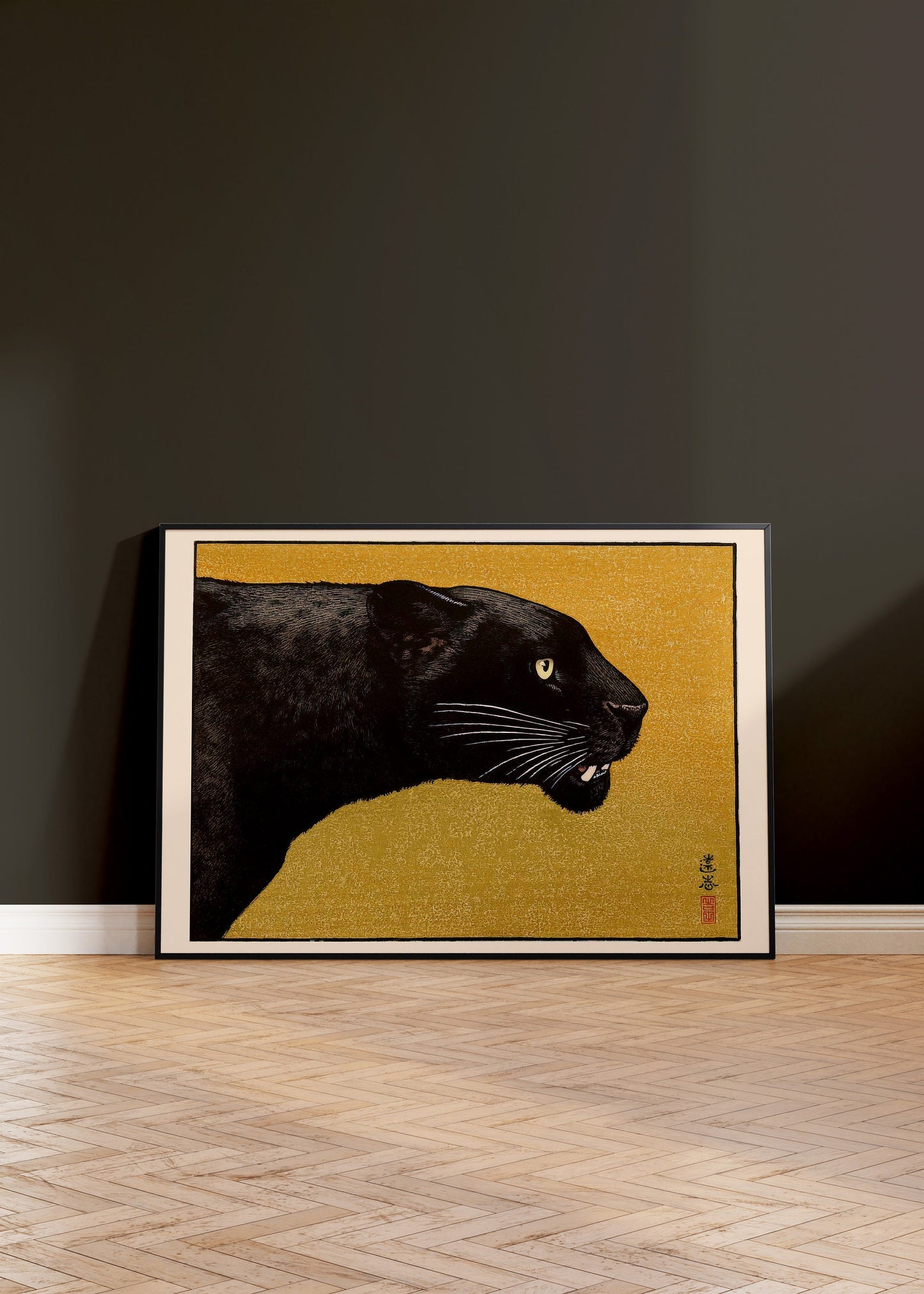 Toshi Yoshida – Black Panther | Famous Iconic Vintage Japanese Woodblock Art in Yellow Gold (available framed or unframed)