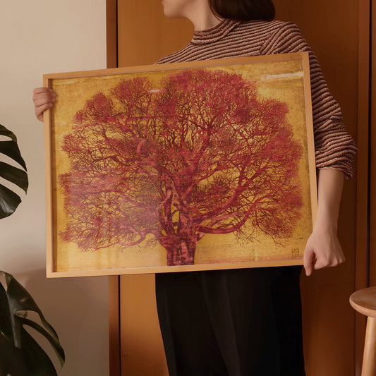 Joichi Hoshi - Red Tree | Vintage Japanese Woodblock Art in Red and Gold (available framed or unframed)