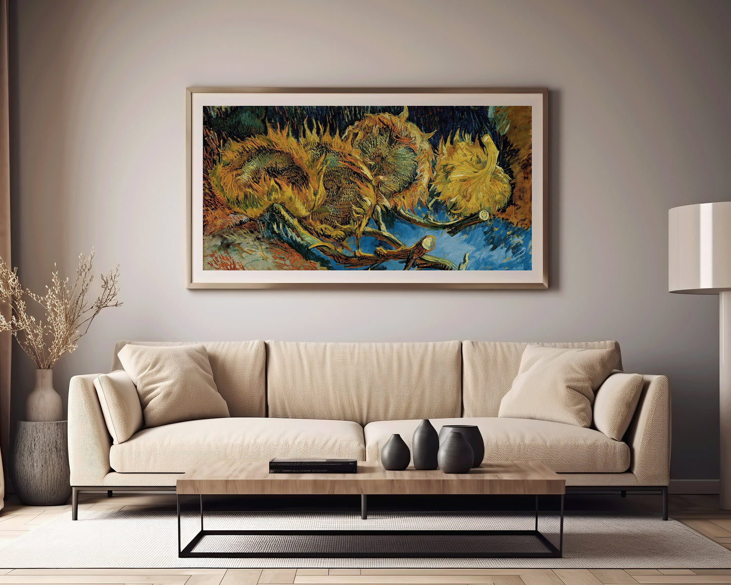 Vincent Van Gogh – Three Sunflowers Gone to Seed | Vintage Impressionist Wide Panoramic Art (available framed or unframed)