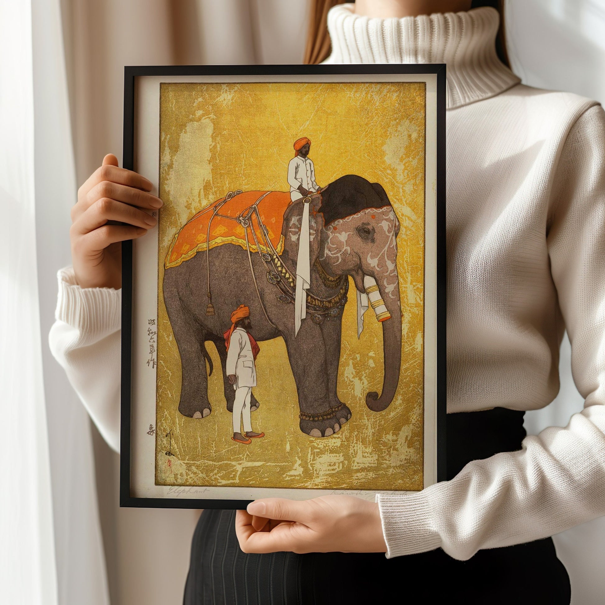 Hiroshi Yoshida – Elephant and Mahout (Rider) in India | Vintage Japanese Woodblock Art (available framed or unframed)