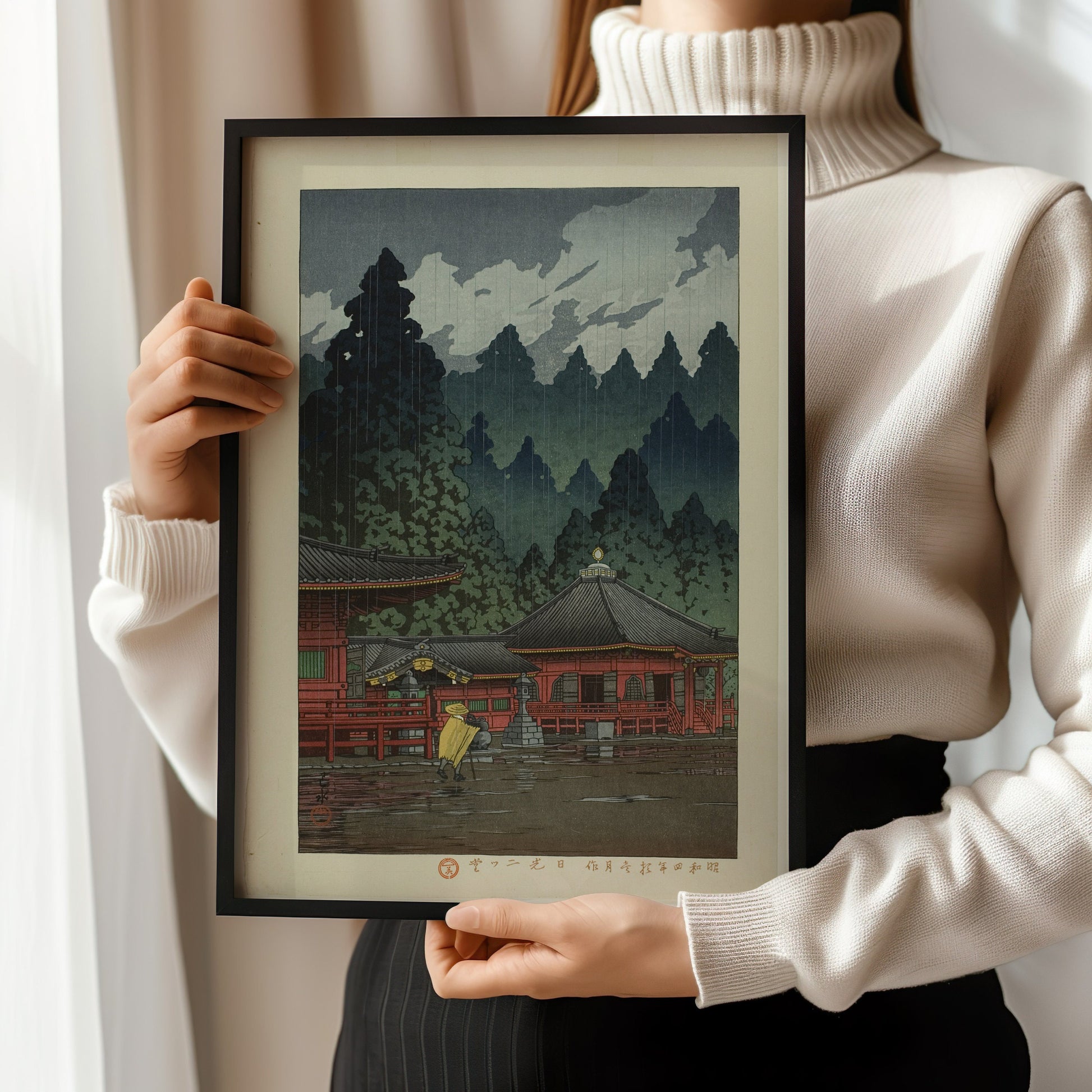 Kawase Hasui - Futatsu Hall in Nikko | Vintage Japanese Cherry Blossoms Woodblock Art (available framed or unframed)