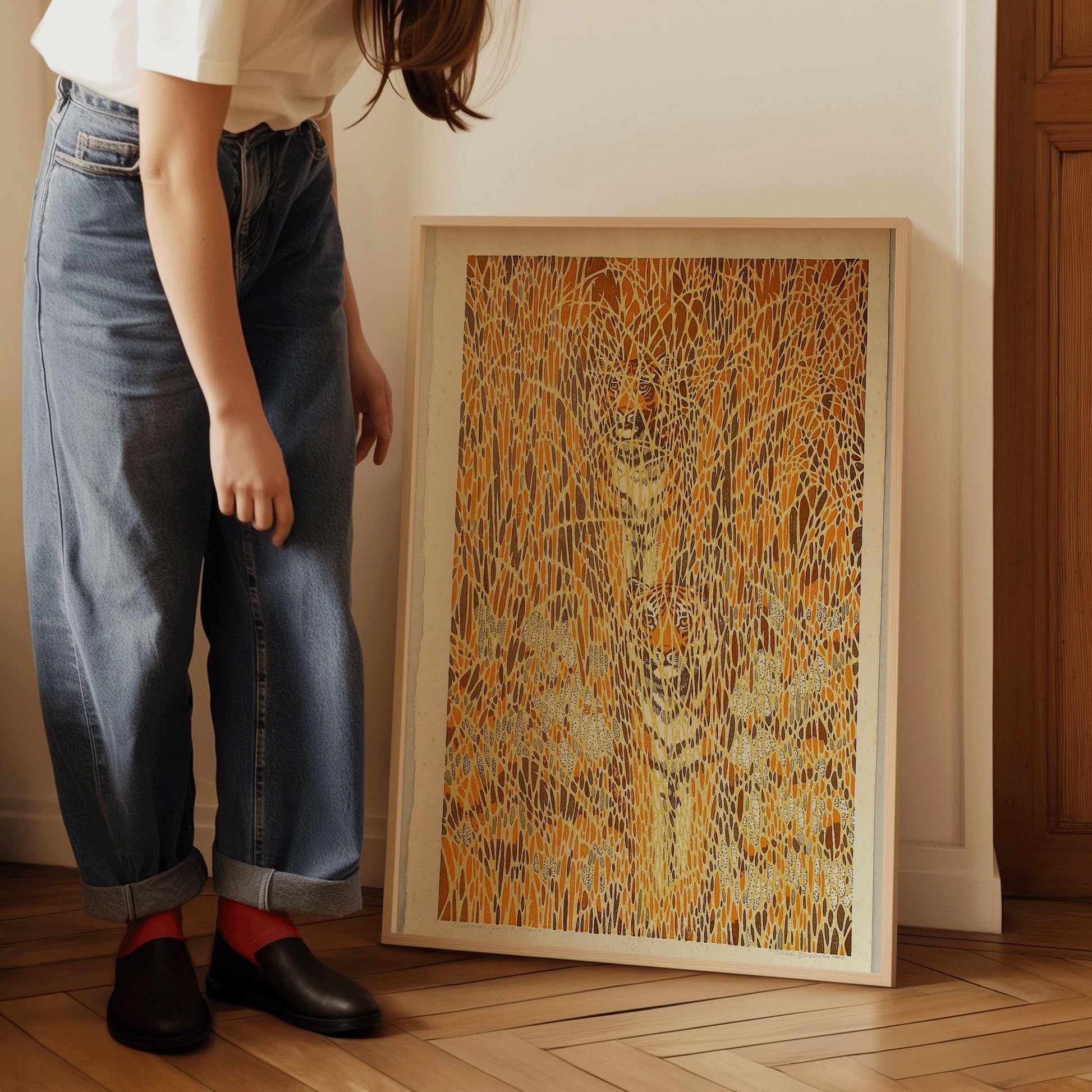 Toshi Yoshida – Camouflaged Tigers | Famous Iconic Vintage Japanese Woodblock Art in Yellow Gold (available framed or unframed)