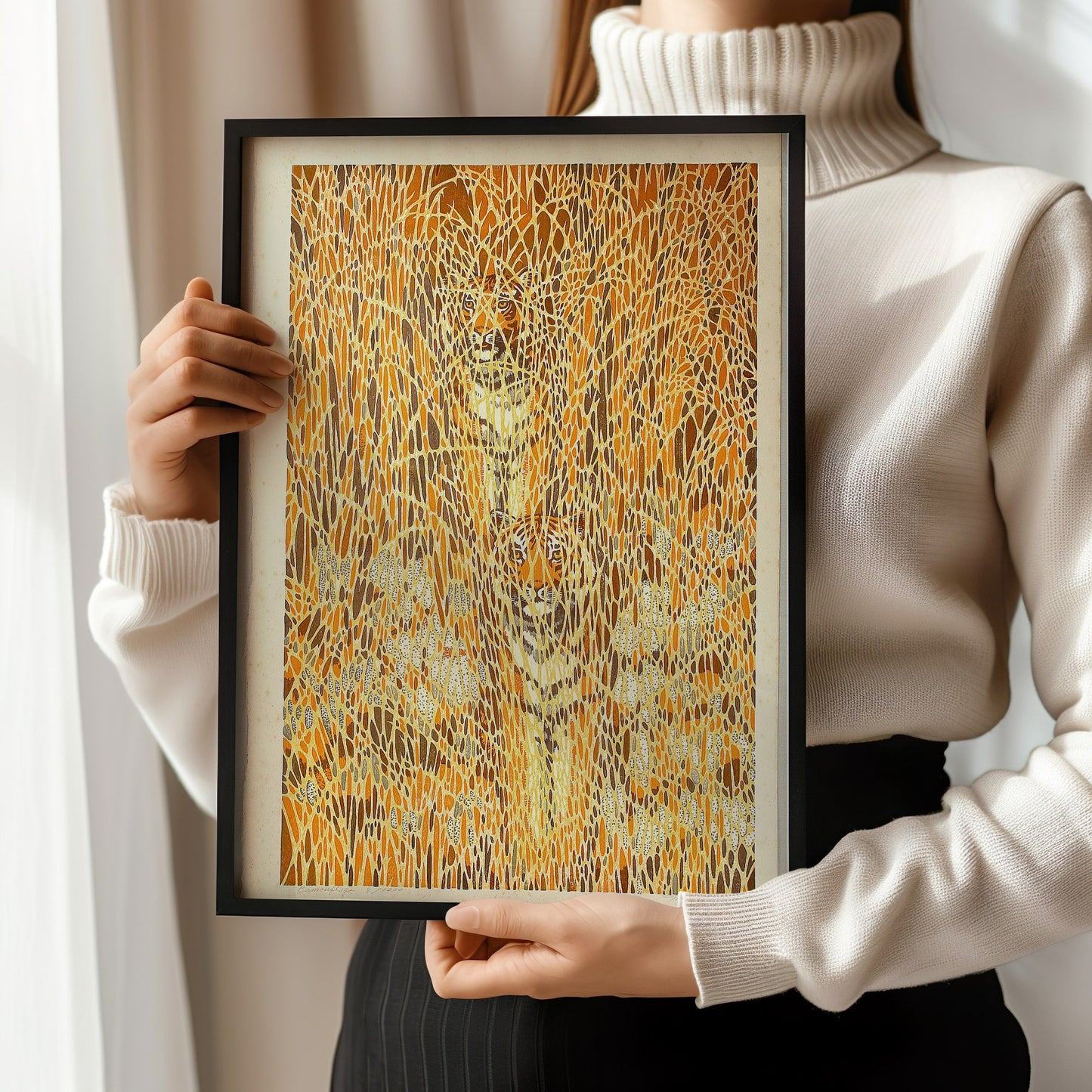 Toshi Yoshida – Camouflaged Tigers | Famous Iconic Vintage Japanese Woodblock Art in Yellow Gold (available framed or unframed)