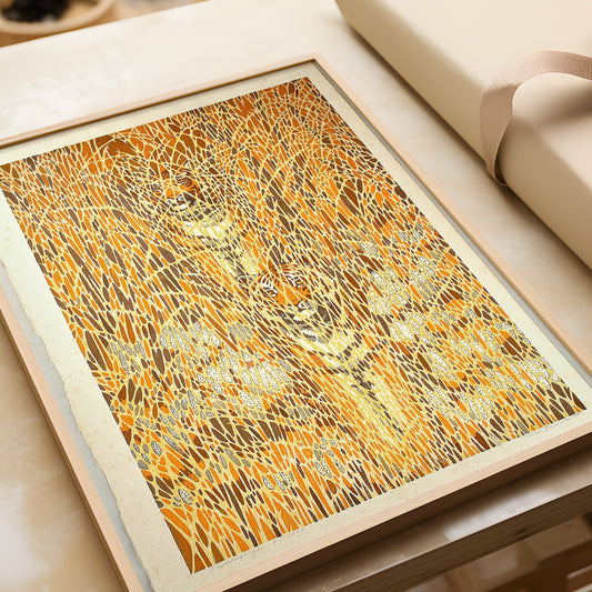 Toshi Yoshida – Camouflaged Tigers | Famous Iconic Vintage Japanese Woodblock Art in Yellow Gold (available framed or unframed)