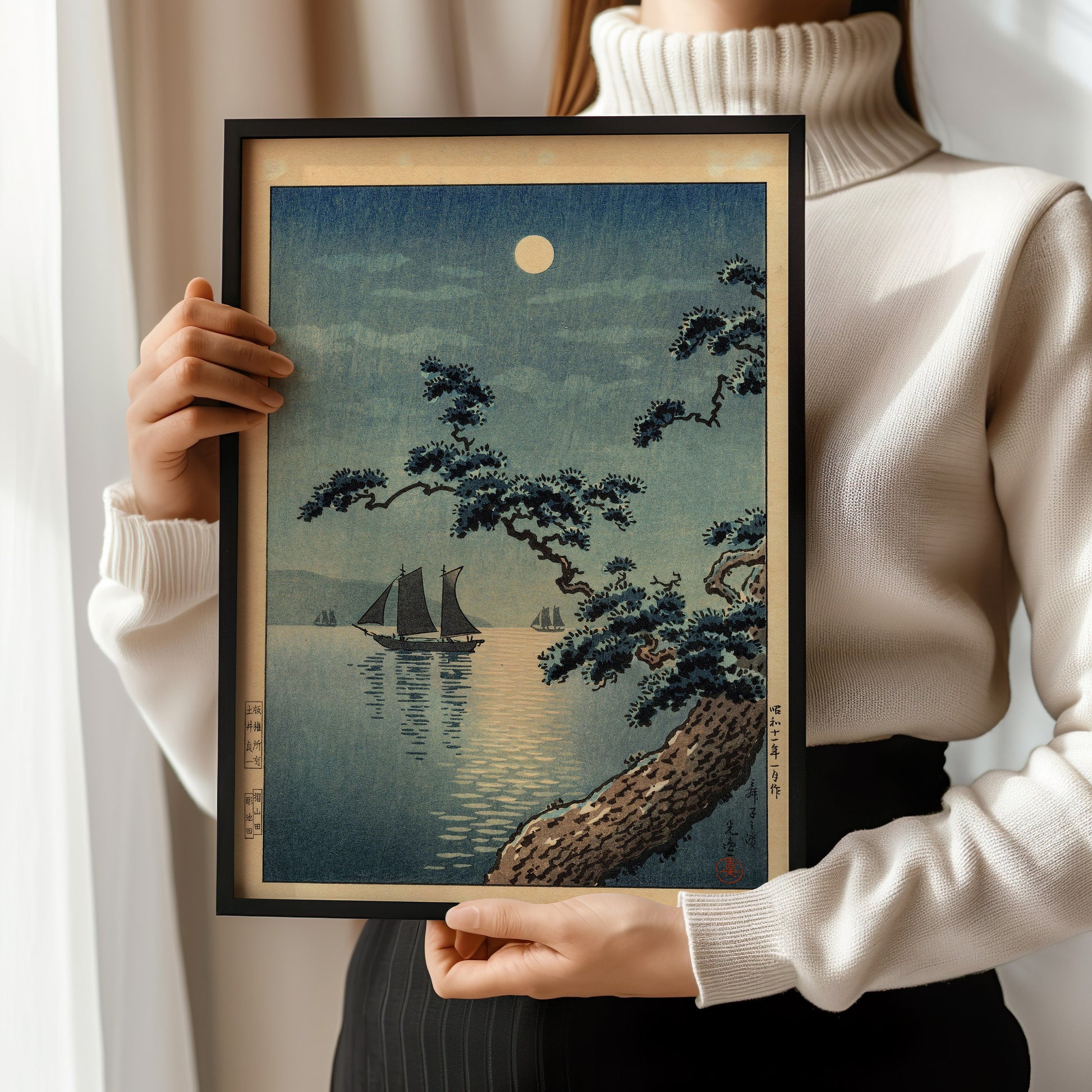 Tsuchiya Koitsu - Moonlit Night; Maiko Seashore | Vintage Japanese Woodblock Art in Blue (available framed or unframed)