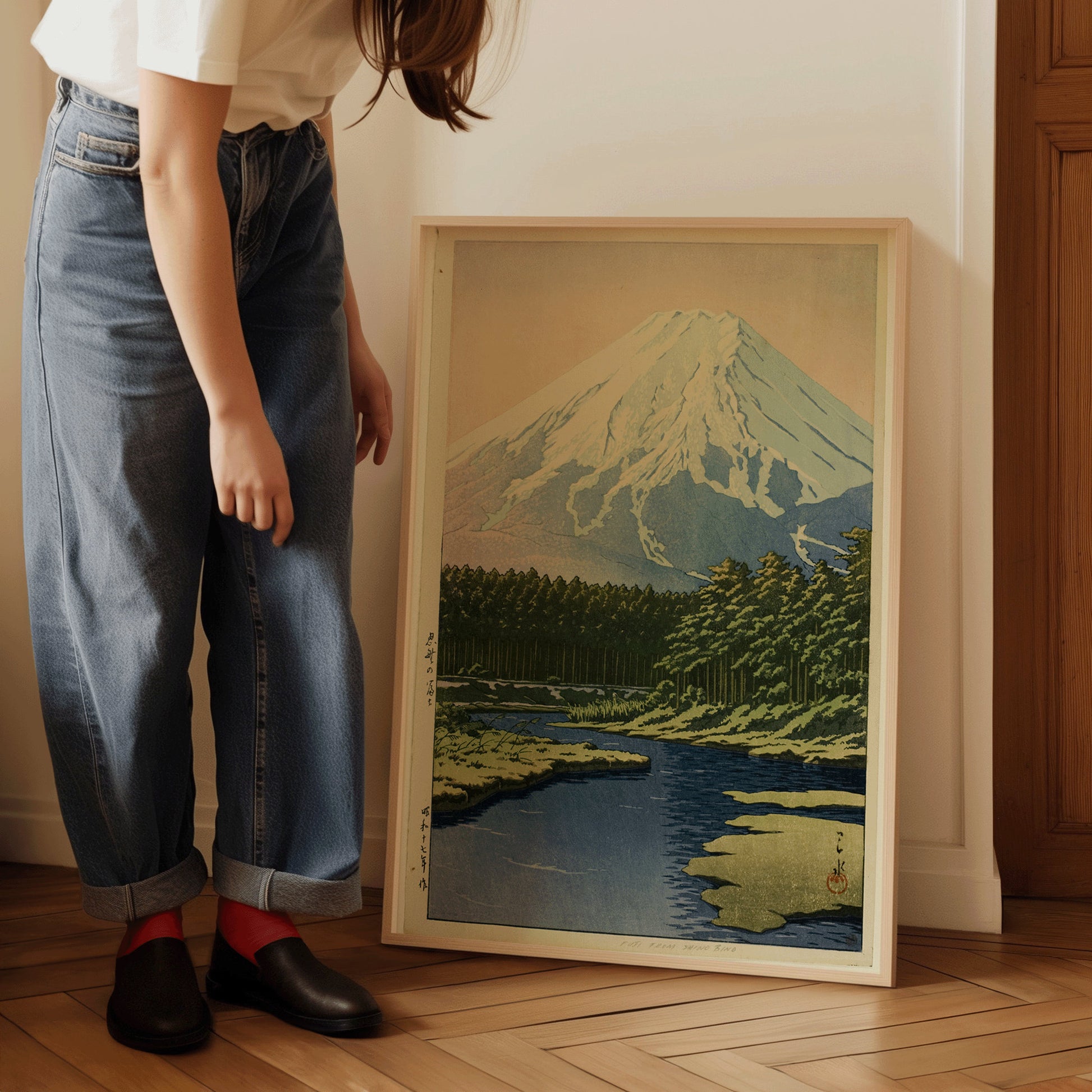 Kawase Hasui - Mount Fuji from Lake Ashino | Vintage Japanese Cherry Blossoms Woodblock Art (available framed or unframed)