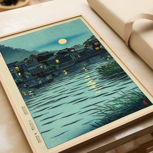 Shiro Kasamatsu - Rising Moon at Katase River | Vintage Japanese Woodblock Art in Blue (available framed or unframed)