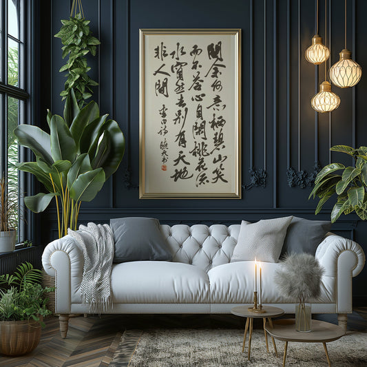 Chinese Calligraphy – Shan Xiaotian; Poem by Li Bai | Vintage Asian Japanese Chinese Wide Panoramic Art (available framed or unframed)