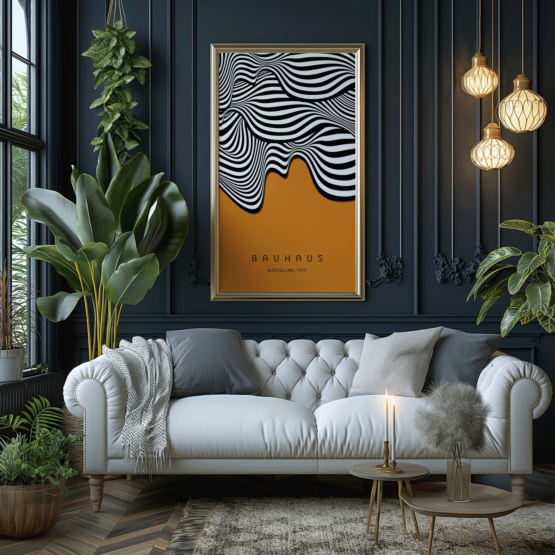 Bauhaus - Ochre Brown Waves | Vintage Narrow Vertical Mid-century Modern Art (available framed or unframed)