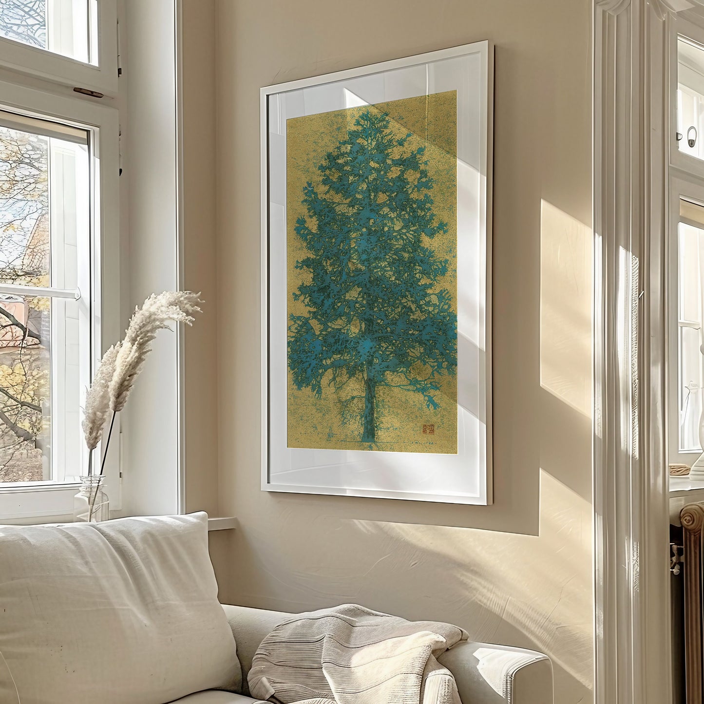 Joichi Hoshi - Blue Tree | Vintage Narrow Vertical Asian Botanical Art in Gold (available framed or unframed)