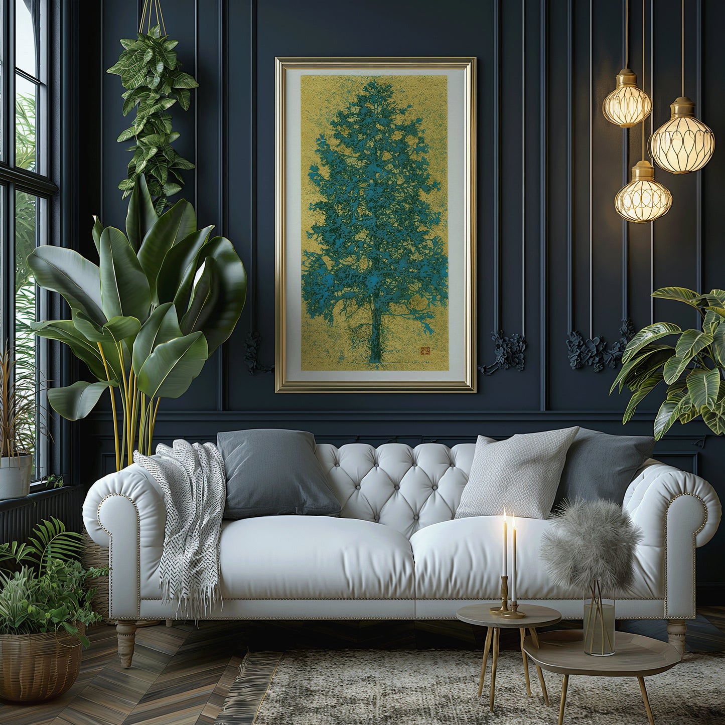 Joichi Hoshi - Blue Tree | Vintage Narrow Vertical Asian Botanical Art in Gold (available framed or unframed)