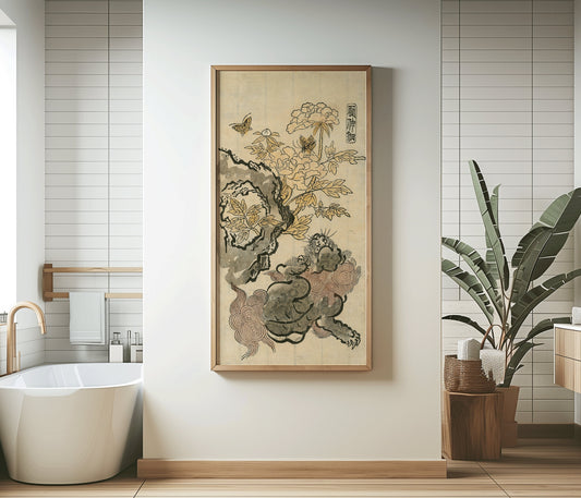 Nishimura Shigenaga - Chinese Lion, Peonies and Rock | Vintage Asian Japanese Narrow Tall Vertical Art (available framed or unframed)