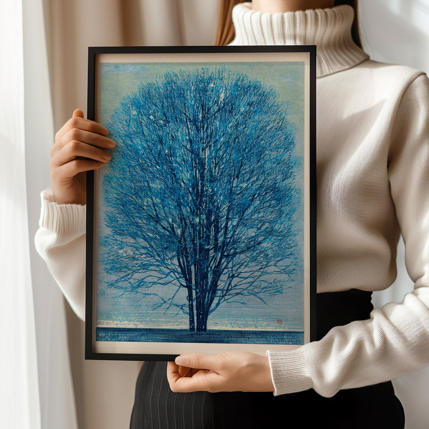 Joichi Hoshi - Blue Tree | Vintage Japanese Woodblock Art in Red and Gold (available framed or unframed)