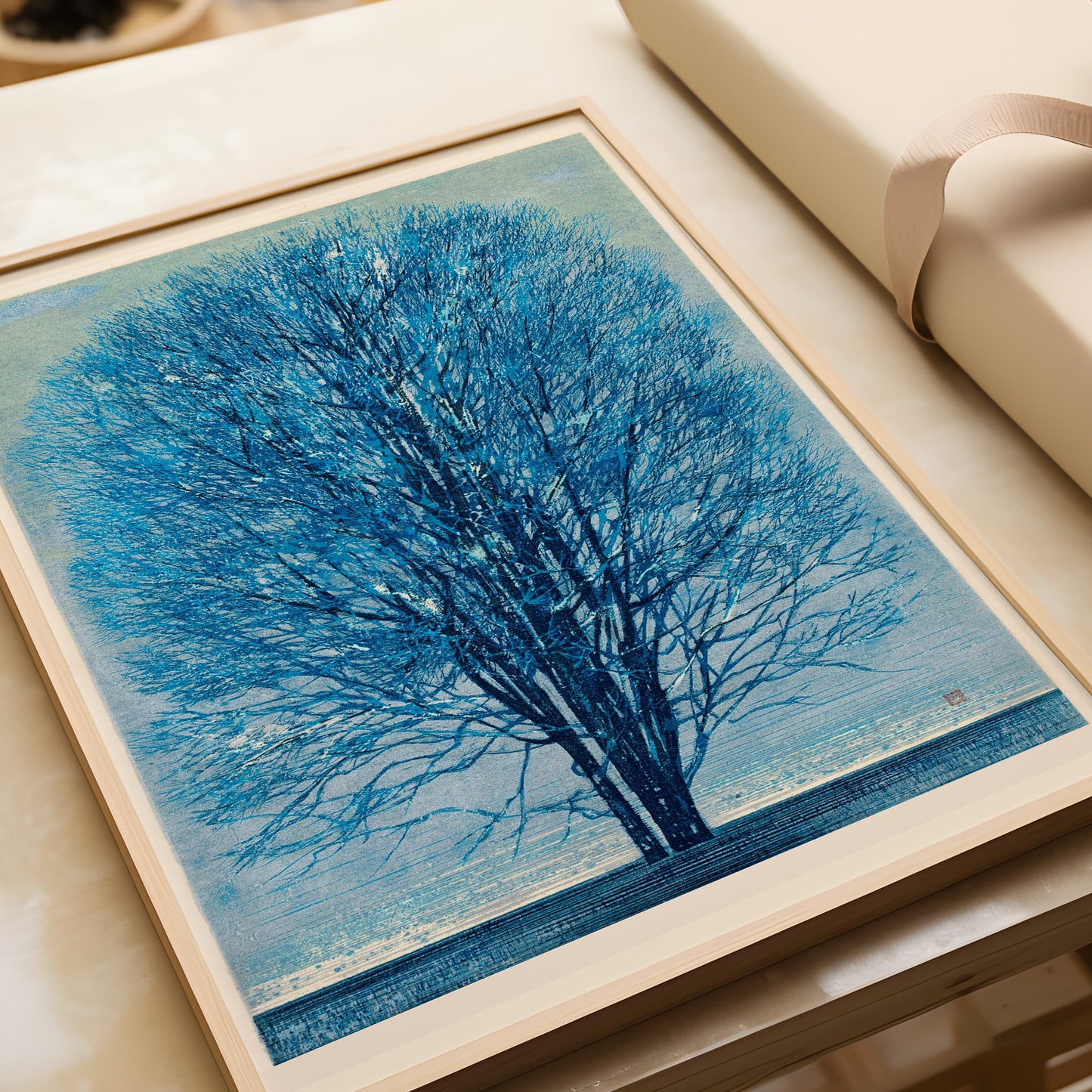 Joichi Hoshi - Blue Tree | Vintage Japanese Woodblock Art in Red and Gold (available framed or unframed)