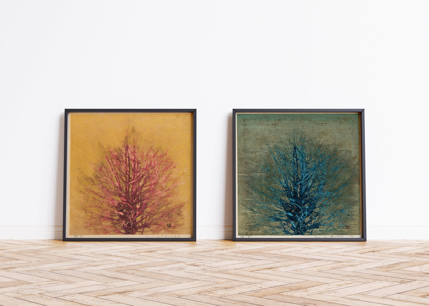 Joichi Hoshi - Set of 2 Red Tree and Blue Tree | Vintage Japanese Woodblock Botanical Art (available framed or unframed)