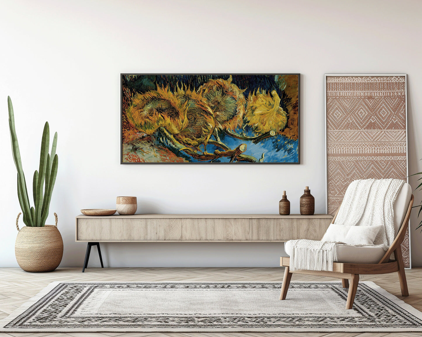 Vincent Van Gogh – Three Sunflowers Gone to Seed | Vintage Impressionist Wide Panoramic Art (available framed or unframed)