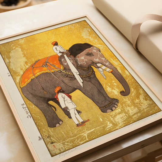 Hiroshi Yoshida – Elephant and Mahout (Rider) in India | Vintage Japanese Woodblock Art (available framed or unframed)