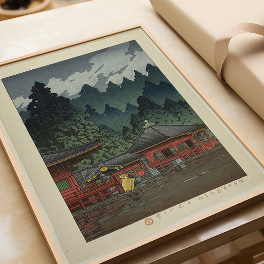 Kawase Hasui - Futatsu Hall in Nikko | Vintage Japanese Cherry Blossoms Woodblock Art (available framed or unframed)