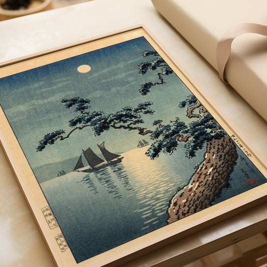 Tsuchiya Koitsu - Moonlit Night; Maiko Seashore | Vintage Japanese Woodblock Art in Blue (available framed or unframed)