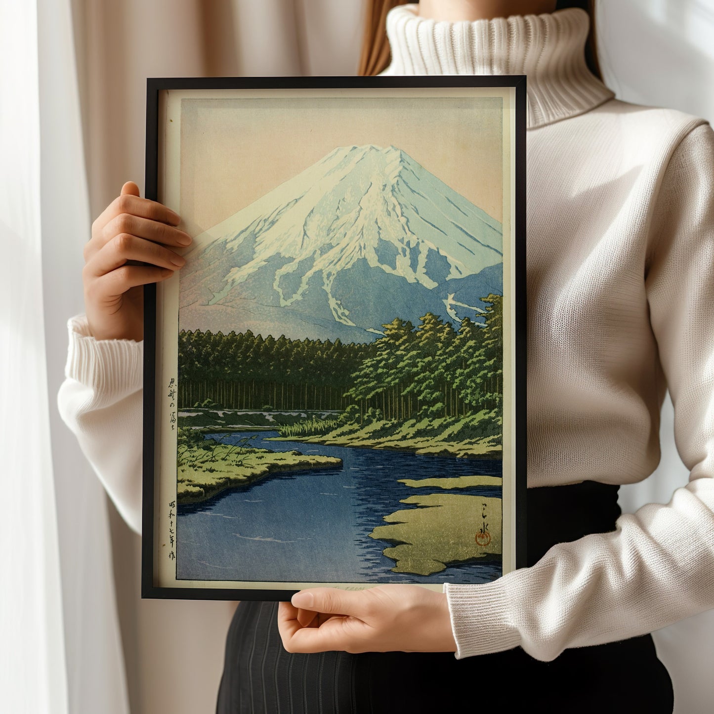 Kawase Hasui - Mount Fuji from Lake Ashino | Vintage Japanese Cherry Blossoms Woodblock Art (available framed or unframed)