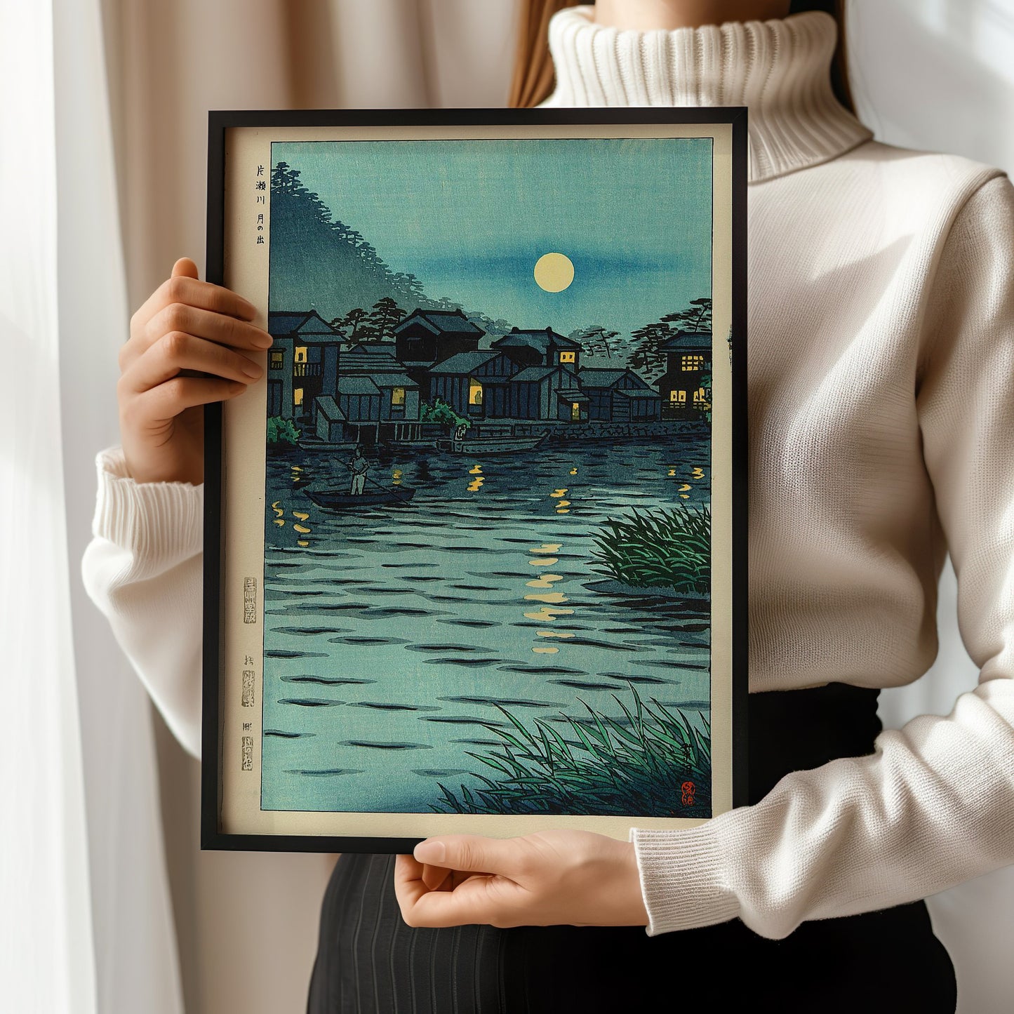 Shiro Kasamatsu - Rising Moon at Katase River | Vintage Japanese Woodblock Art in Blue (available framed or unframed)