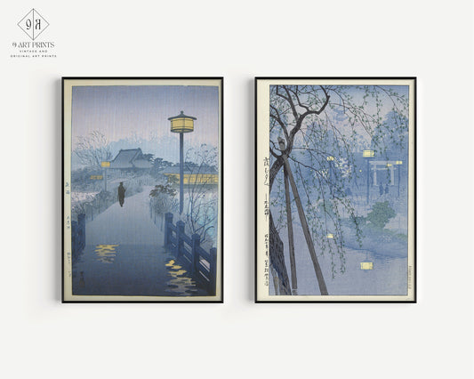 Set of 2 Shiro Kasamatsu Rain at Shinobazu Pond and Evening at Shinobazu Pond | Vintage Japanese Art in Blue available framed or unframed