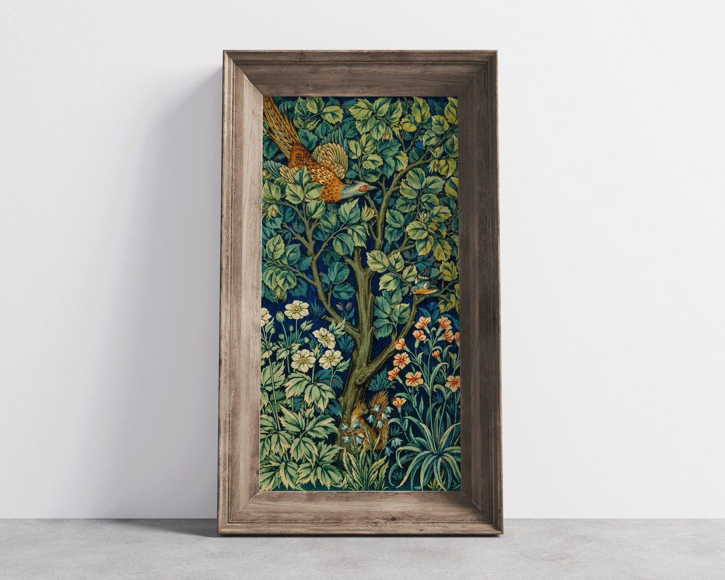 William Morris - Cock Pheasant and Squirrel | Vintage Victorian Botanical Tall Narrow Vertical Art (available framed or unframed)