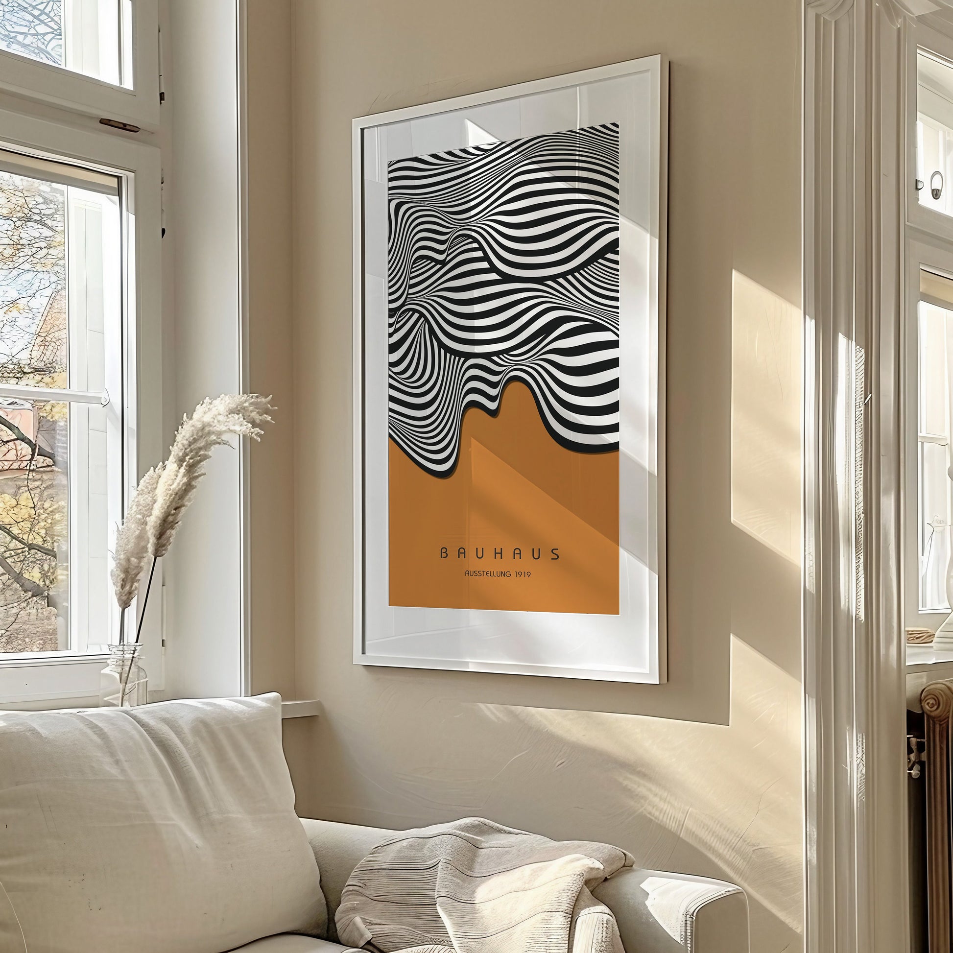 Bauhaus - Ochre Brown Waves | Vintage Narrow Vertical Mid-century Modern Art (available framed or unframed)