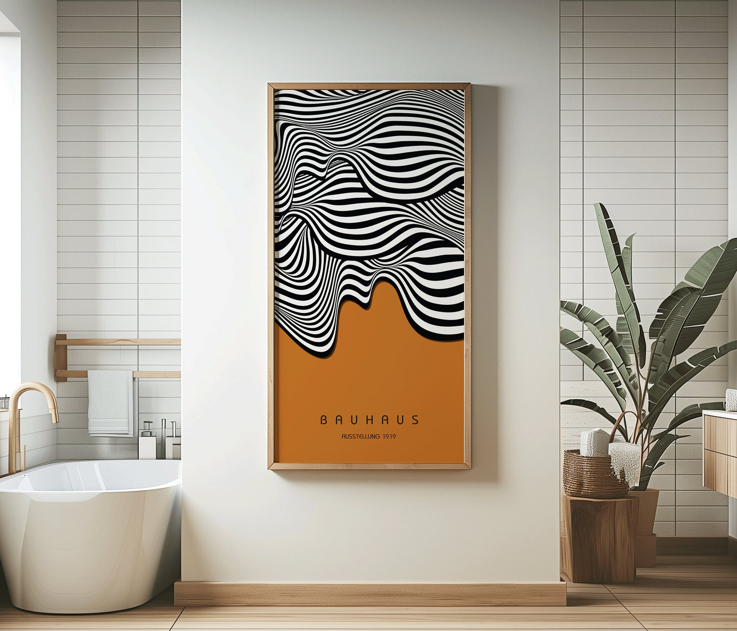 Bauhaus - Ochre Brown Waves | Vintage Narrow Vertical Mid-century Modern Art (available framed or unframed)