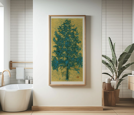Joichi Hoshi - Blue Tree | Vintage Narrow Vertical Asian Botanical Art in Gold (available framed or unframed)