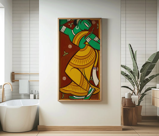 Jamini Roy - Dancing Gopini | Vintage Narrow Vertical Indian West Bengal Hindu Art (available framed or unframed)