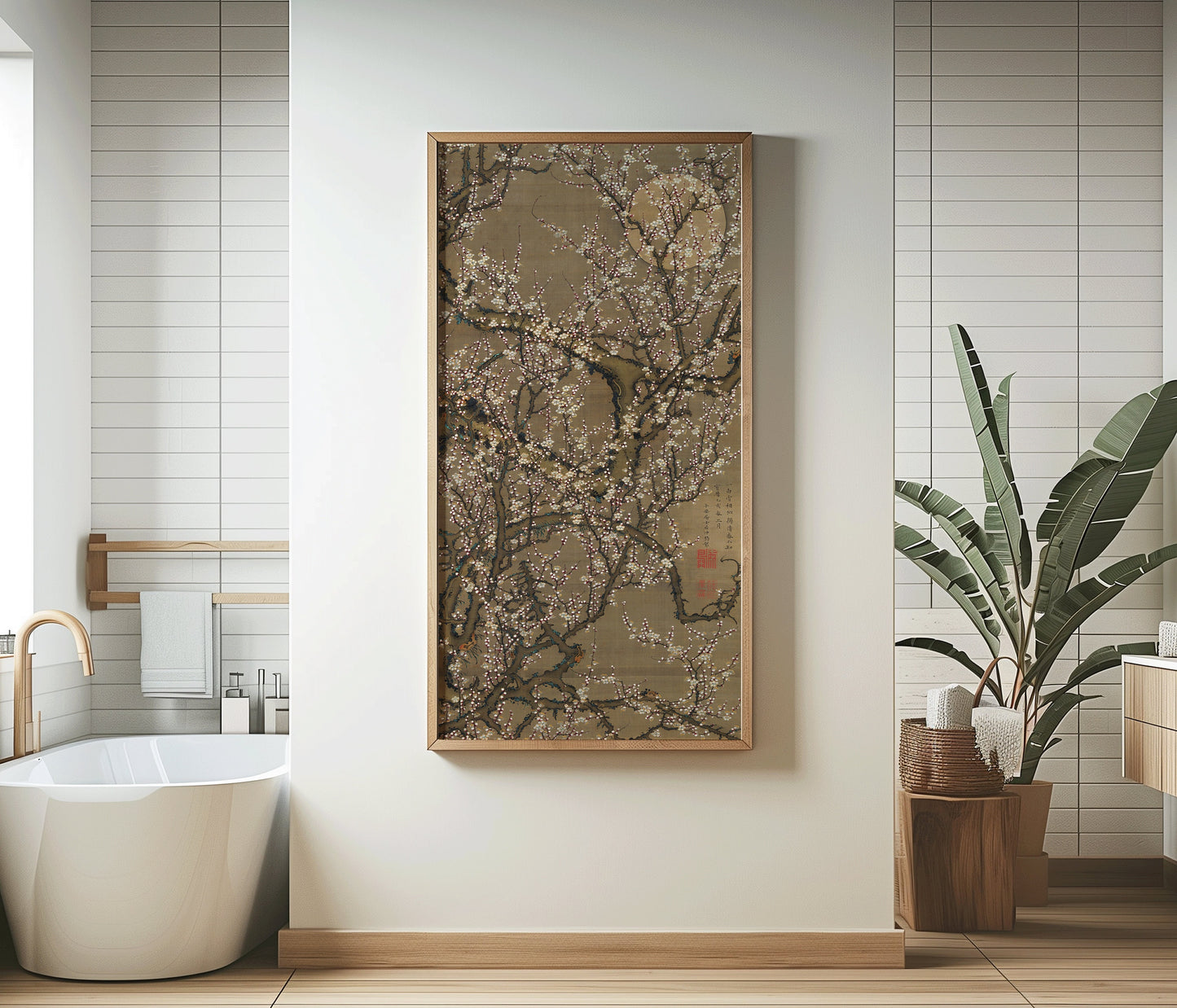 Jakuchu Ito - White Plum Blossoms and Moon | Vintage Narrow Vertical Asian Botanical Art (available framed or unframed)