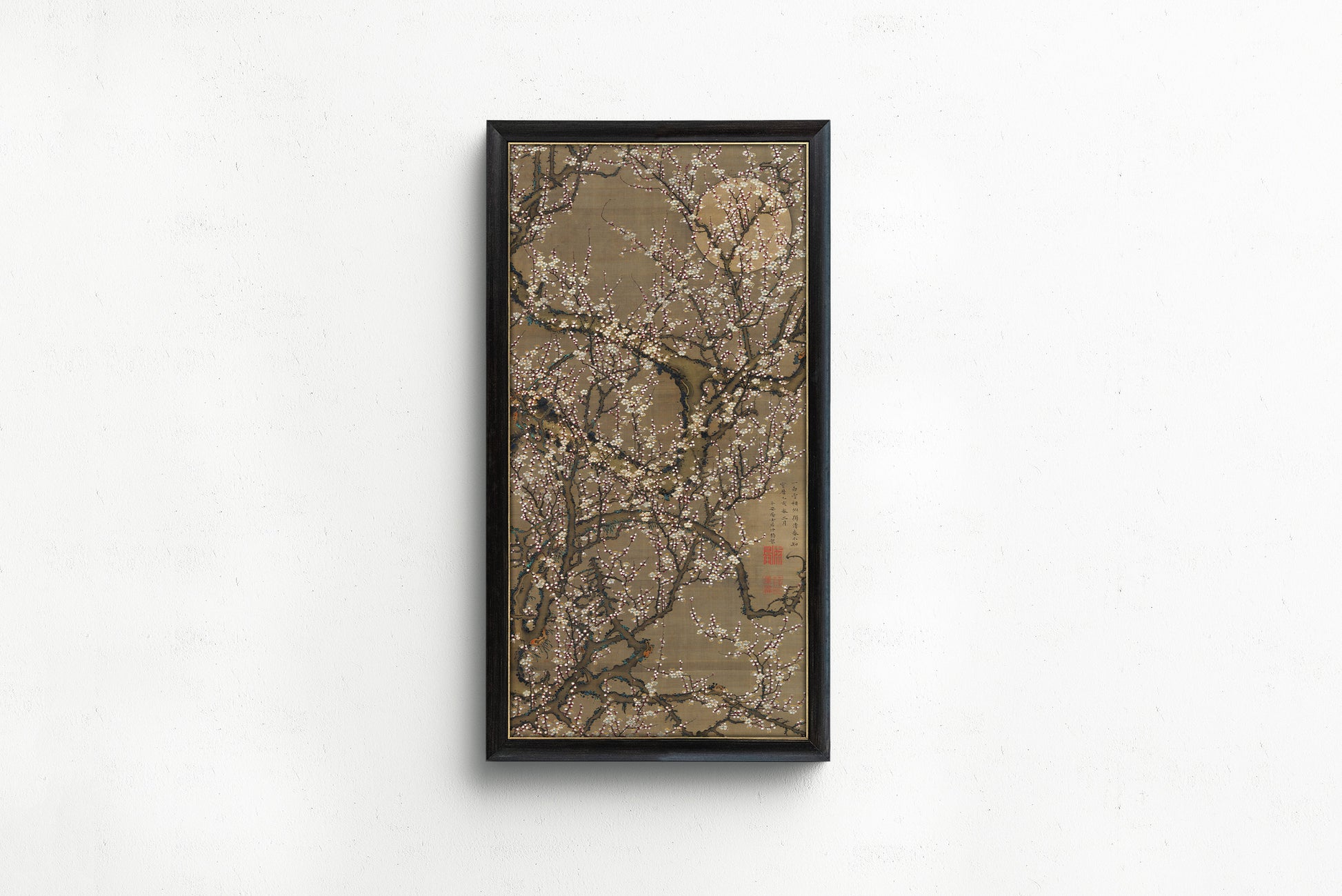 Jakuchu Ito - White Plum Blossoms and Moon | Vintage Narrow Vertical Asian Botanical Art (available framed or unframed)