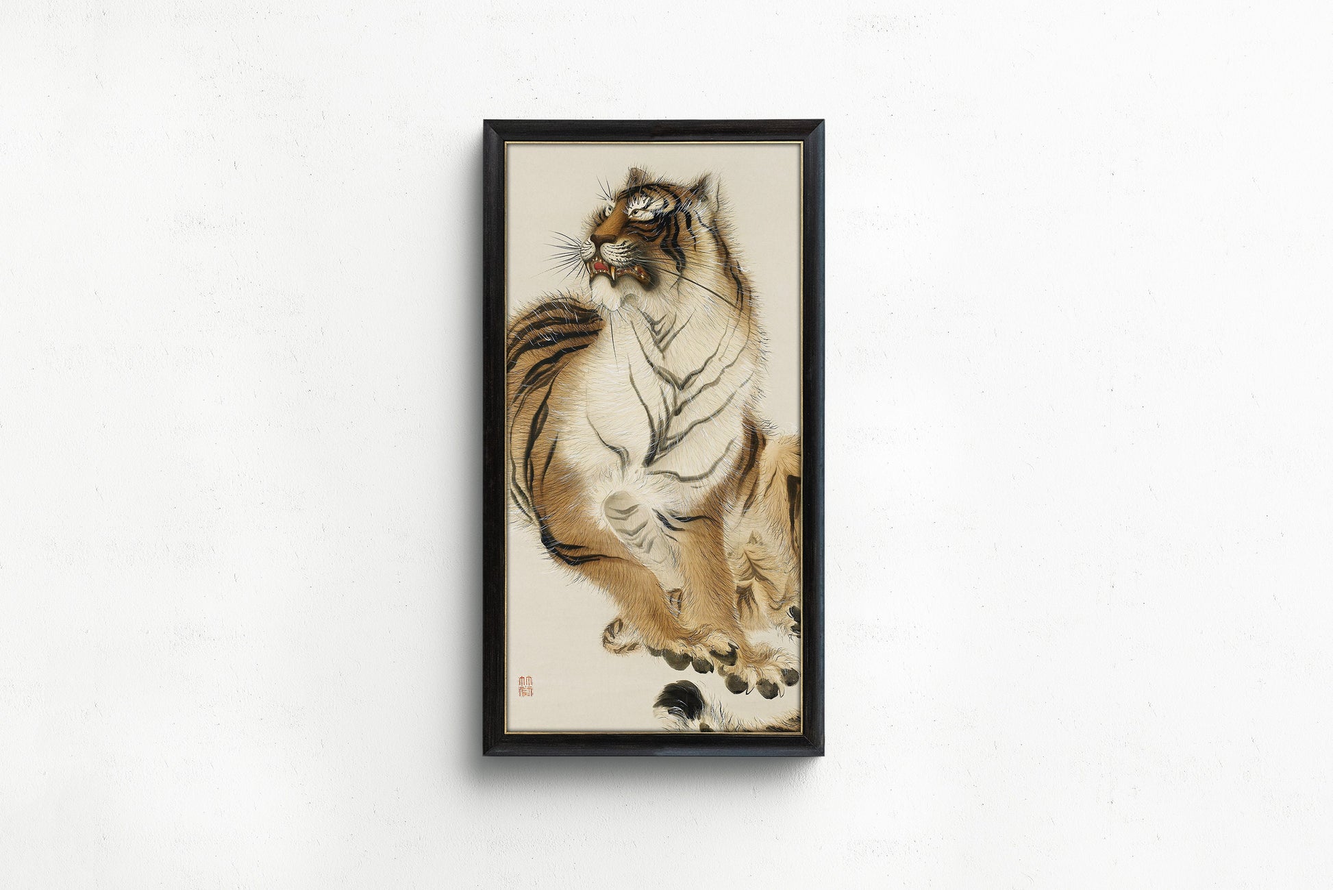 Kishi Chikudo - Sitting Tiger | Vintage Asian Japanese Narrow Tall Vertical Art (available framed or unframed)