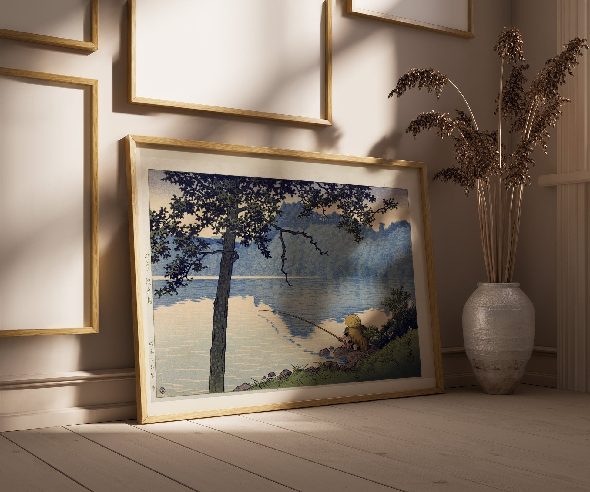 "Kawase Hasui vintage woodblock art 'Lake Matsubura, Shinsu' displayed in a stylish room, available framed or unframed."