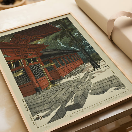 Vintage Kawase Hasui woodblock print, "Lingering Snow at Sanno," expertly framed, Japanese art on Hahnemühle rag paper.