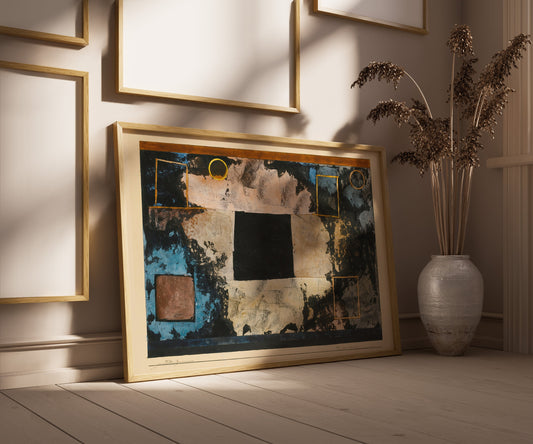 Modern abstract art print framed in neutral beige, inspired by Paul Klee's style, resting against a wall in a sunlit room.