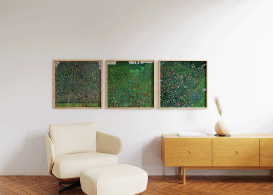 Gustav Klimt art prints set of three: Italian garden, Pear Tree, Flowering Garden, displayed on a wall in a modern living room setting.