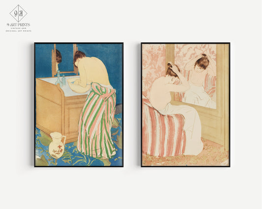 Mary Cassatt Set of 2 - Woman Bathing and Le Coiffure, Famous Impressionist Art Prints, Framed or Unframed, Fine Art Home Decor